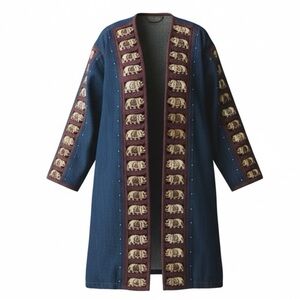 Vintage Denim Maxi Coat Wooden Elephant Bone Inserts Blue Jean Large Oversized